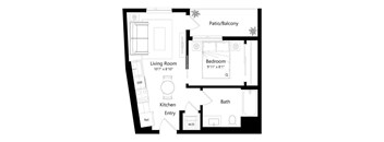 A floor plan of a small apartment with a living room, bedroom, kitchen, and bathroom.