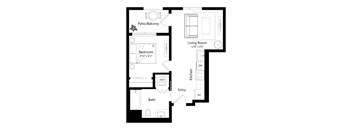 A black and white image of a floor plan for a small apartment.
