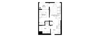 A floor plan of a small apartment with a bedroom, living/dining room, kitchen, bathroom, and a patio/balcony.