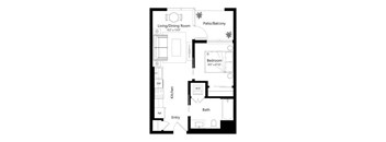 A black and white image of a floor plan for a small apartment.