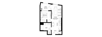 A floor plan of a small apartment with a bathroom, bedroom, living/dining room, and kitchen.