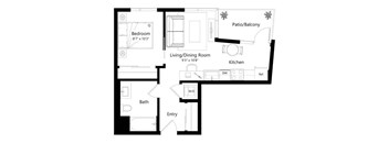 A floor plan of a home with a bedroom, living/dining room, kitchen, bath, and entry.