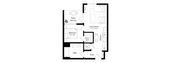 A floor plan of a small apartment with a living room, bedroom, bathroom, and kitchen.