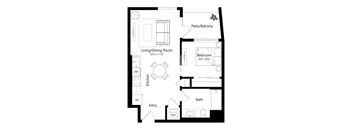 A floor plan of a small apartment with a living room, dining room, kitchen, bathroom, and bedroom.