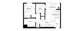 A black and white floor plan of a house with a living room, kitchen, bath, bedroom, office, and patio/balcony.