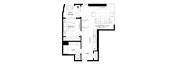 A floor plan of a house with a living room, dining room, kitchen, bathroom, bedroom, and patio/balcony.