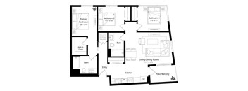 A black and white image of a house floor plan with a living/dining room, kitchen, and three bedrooms.
