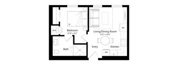 A floor plan of a small apartment with a bedroom, living/dining room, kitchen, bath, and entry.