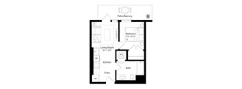 A floor plan of a small apartment with a living room, kitchen, bathroom, and bedroom.