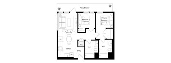 A floor plan of a home with a living room, two bedrooms, a kitchen, and two bathrooms.