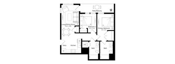 A black and white image of a house plan with a living room, two bedrooms, a kitchen, two bathrooms, and a patio.