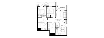 A black and white floor plan of a house with a living room, dining room, kitchen, two bathrooms, a primary bedroom, and a bedroom with two beds.