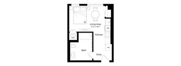 A floor plan of a small apartment with a living area, kitchen, bathroom, and entry.