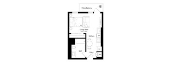 A floor plan of a home with a living area, kitchen, bath, and entry.
