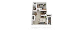 A 3D floor plan of a small apartment with a kitchen, living room, and bathroom.
