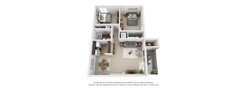 A 3D floor plan of a house with a kitchen, living room, and two bedrooms.