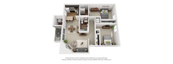 A 3D floor plan of a house with a kitchen, living room, and bedrooms.