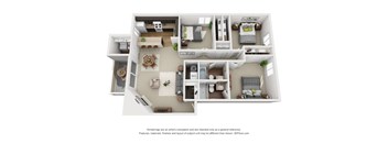 A 3D floor plan of a house with a kitchen, living room, and bedrooms.