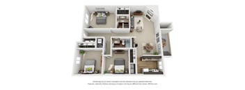 A 3D floor plan of a house with a kitchen, living room, and two bedrooms.