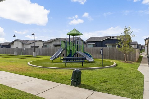 A playground with a green slide and a roundabout.