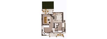 A floor plan of a house with a kitchen, living room, and bathroom.