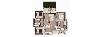 A floor plan of a house with a kitchen, living room, and two bedrooms.