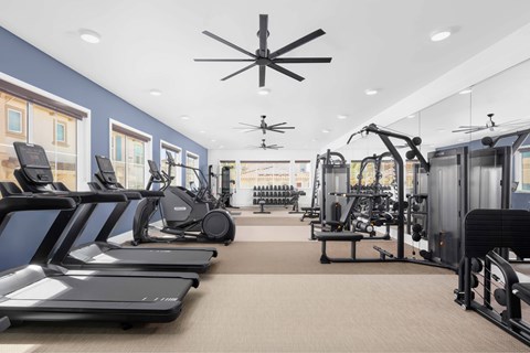 A spacious gym with treadmills, elliptical machines, and other exercise equipment.