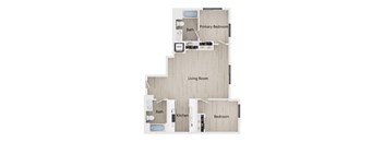 A floor plan of a house with a living room, kitchen, and two bedrooms.