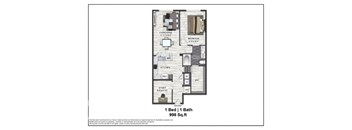 A floor plan of a one bedroom apartment with a bath.