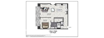 A floor plan of a one bedroom apartment with a bath.