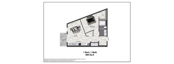 A floor plan of a one bedroom apartment with one bath.