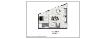 A floor plan of a one bedroom apartment with one bath.