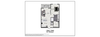 A floor plan of a one bedroom apartment with a bathroom.