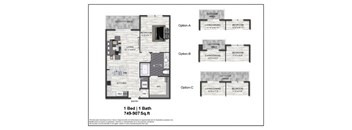 A diagram shows three different layouts for a 1 bedroom, 1 bathroom apartment.