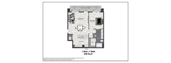 A floor plan of a one bedroom, one bath apartment.