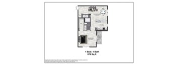 A floor plan of a one bedroom, one bathroom apartment.