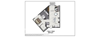 A floor plan of a home with a balcony, living/dining area, kitchen, bath, and bedroom.