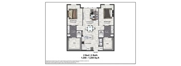 A floor plan for a 2 bedroom, 2 bath apartment with living room, kitchen, dining room and entry.