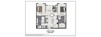 A floor plan of a house with two bedrooms and two bathrooms.