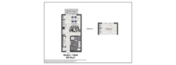 A floor plan for a studio apartment with one bathroom.