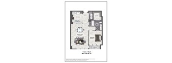 A drawing of a one bedroom apartment with a bath.