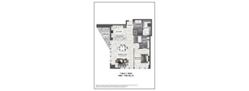 A floor plan of a one bedroom apartment with a bathroom and laundry area.