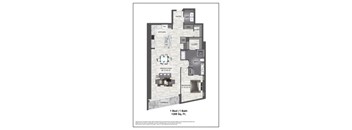 A floor plan of a one bedroom apartment with one bath.