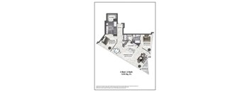 A diagram of a house layout with two bedrooms, two bathrooms, and a kitchen.