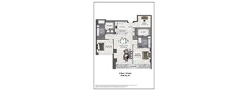 A floor plan of a 2 bedroom, 2 bathroom apartment.