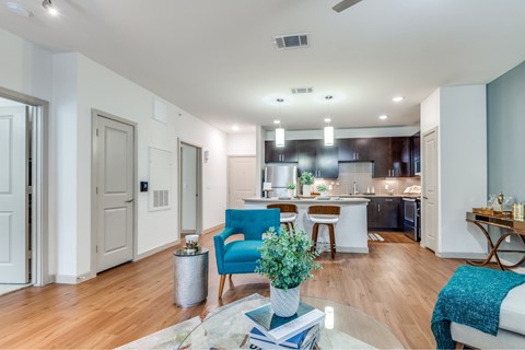 A modern kitchen with a blue chair and a plant on the table.