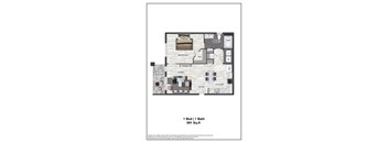 A floor plan of a one bedroom apartment with a bathroom and a balcony.