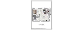 A floor plan of a one bedroom, one bathroom apartment.