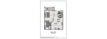 A floor plan of a one bedroom apartment with a bath and living room.