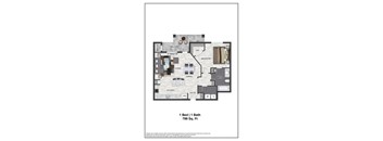 A floor plan of a one bedroom apartment with a bath.